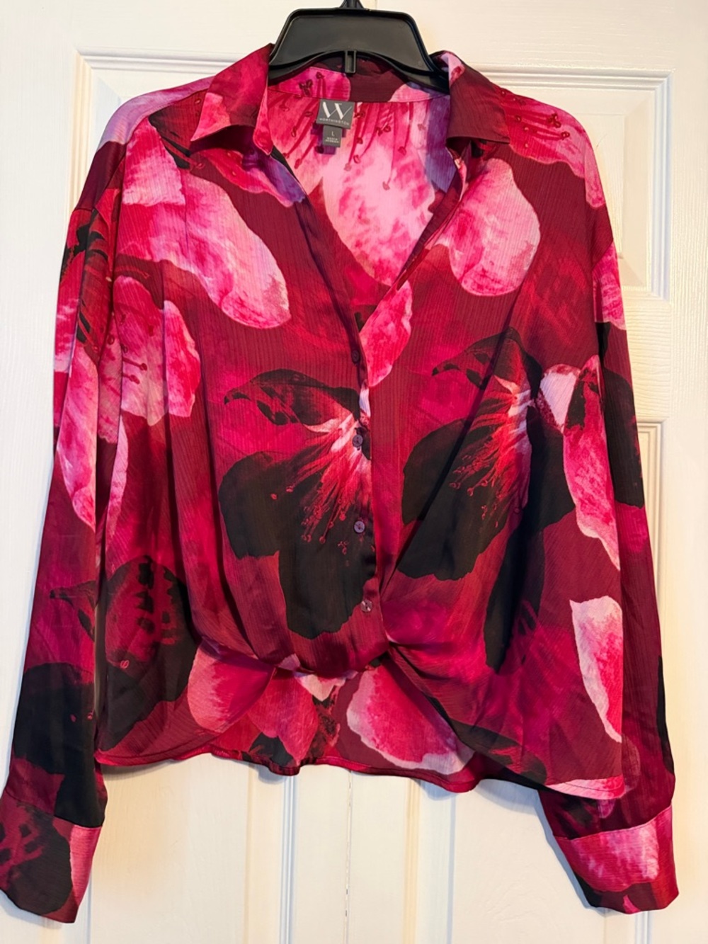 Worthington Fuchsia and Black Floral Button-Down Blouse - Picture 2 of 5